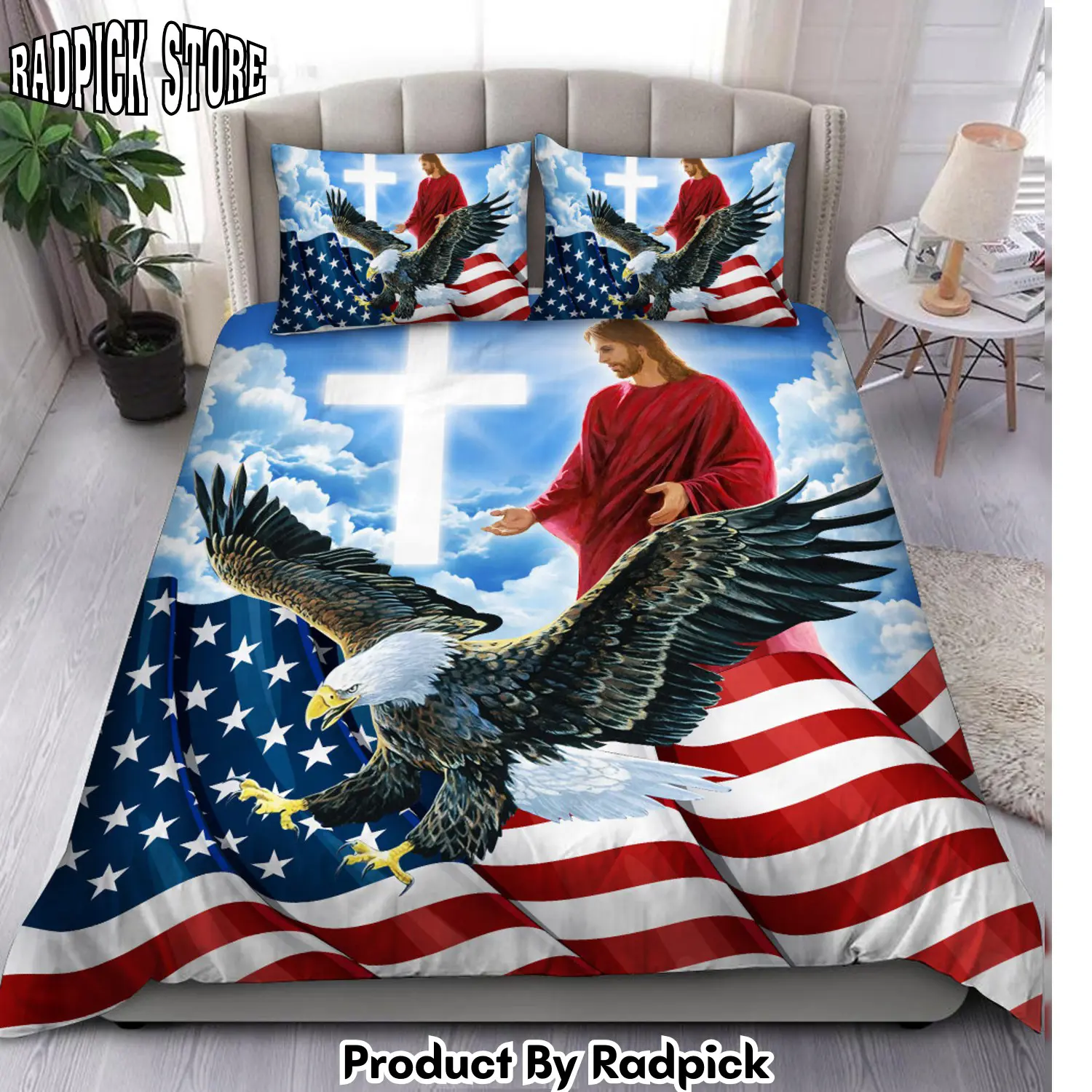 Radpick american patriot jesus blue premium bedding set rp3278810